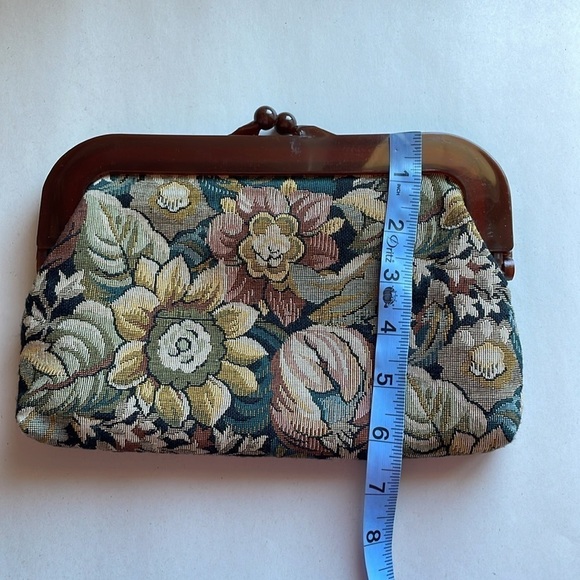 VTG Cottagecore Clutch Woven Jacquard Tapestry Purse Floral Mauve Bag Kiss 90s - Picture 14 of 14